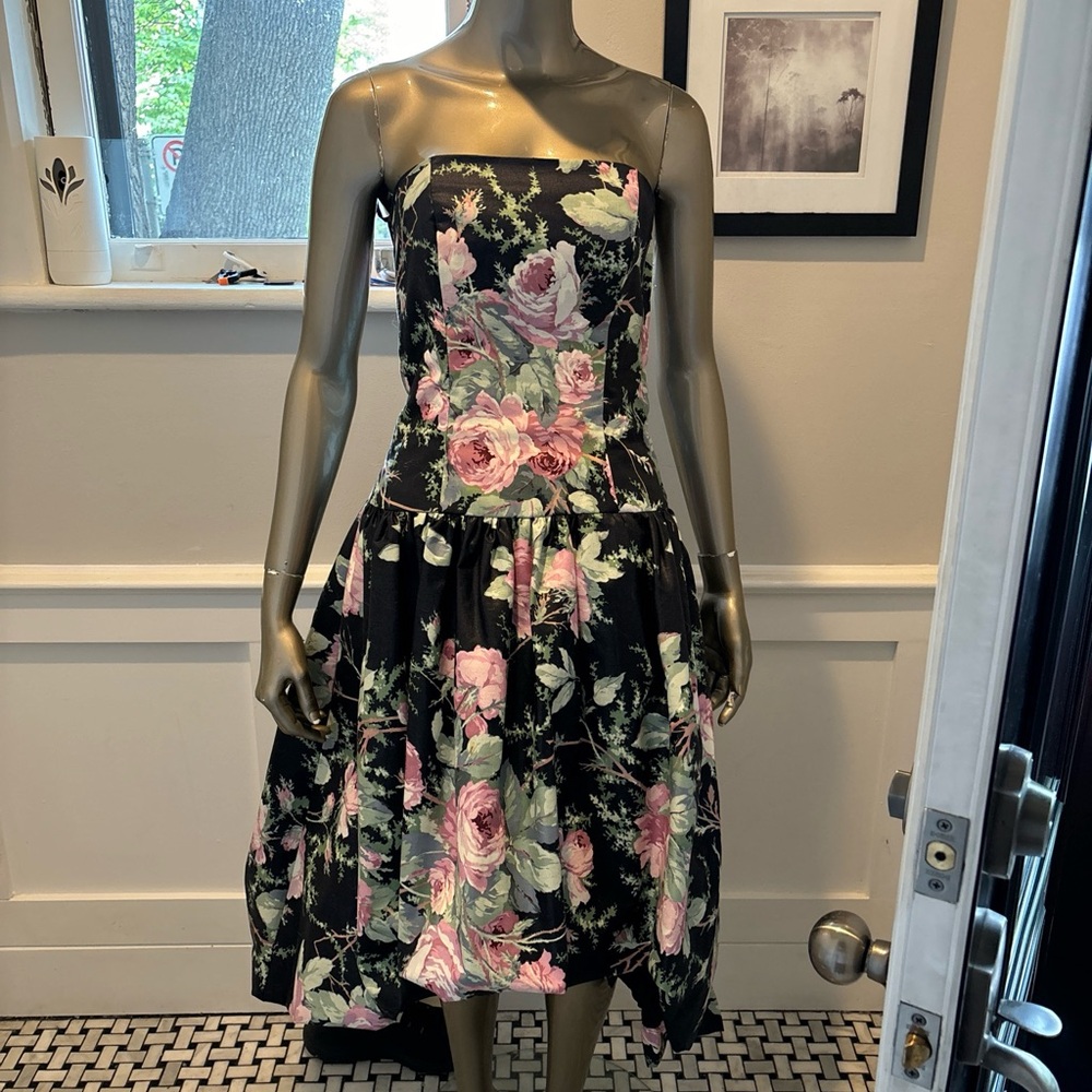 NWOT S G Gilbert Black Floral Chintz Drop Waist Strapless Party Dress 8 NEIMAN